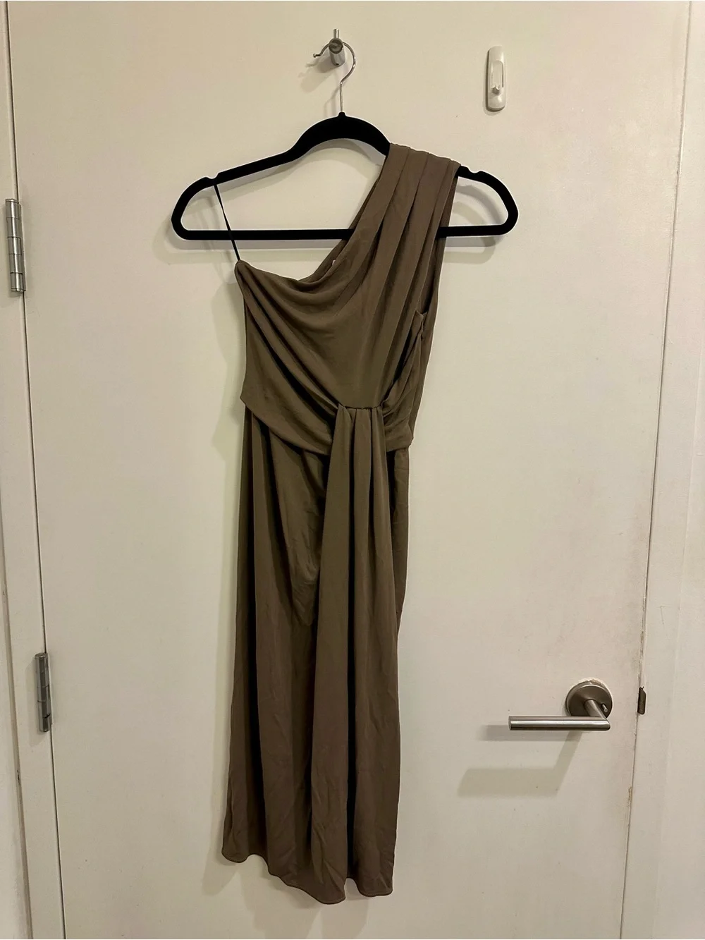 Michael Kors One-Shoulder Olive Draped Midi Dress